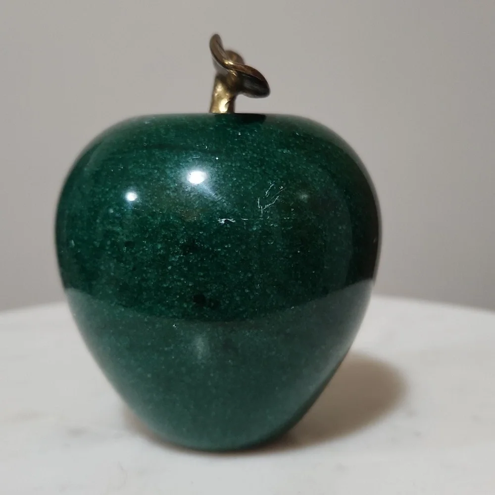 Green Marble Apple Sculpture Paperweight with Golden Brass Leaf